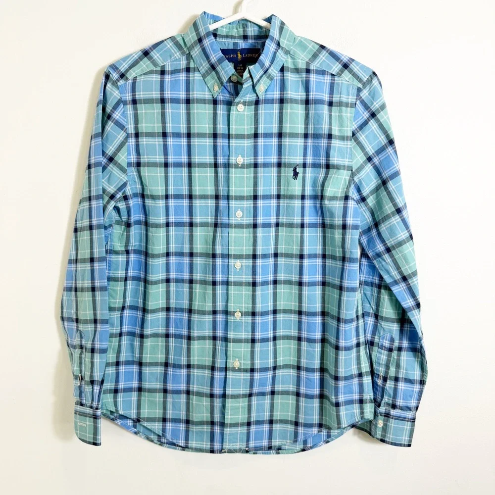 Ralph Lauren Button Down Shirt Boys L (14-16) Blue Teal Plaid Long Sleeve Pony